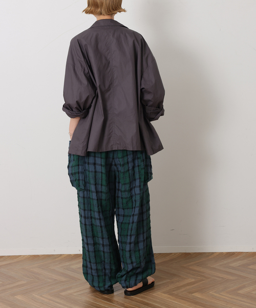 ワイドパンツ カーゴパンツ リネンチェック カーゴパンツ レディースの画像