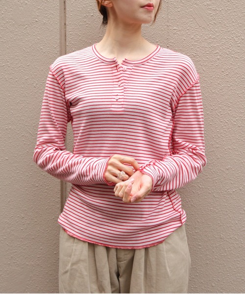 MEYAME（メヤメ） ヘンリーネック tシャツ ボーダーソフトリブヘンリー