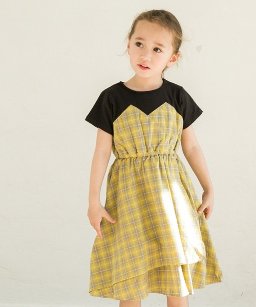 てなグッズや ワンピース 重ね着風 半袖チェックフレア