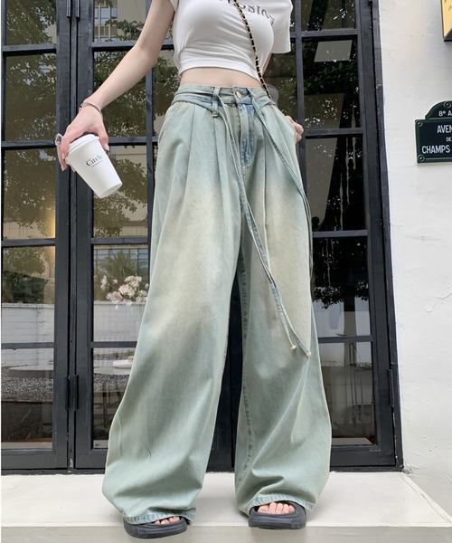 ジーンズ デニム デニムパンツ ウォッシュ加工 タック ワイド ジーンズ デニム デニムパンツ ウォッシュ加工 タック ワイド