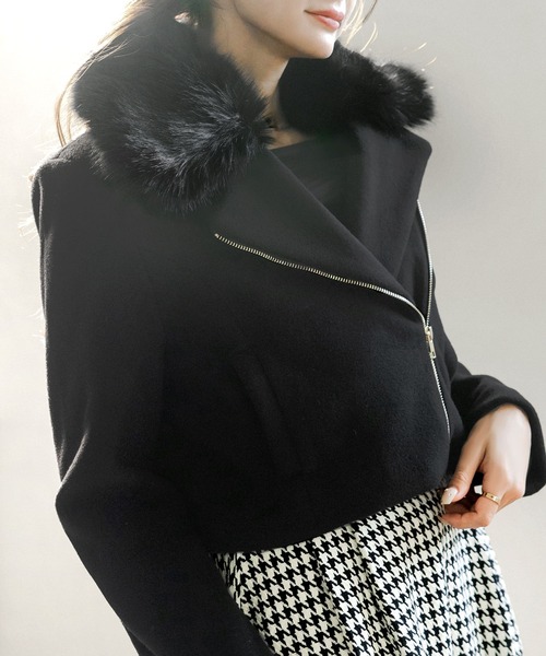 Julia Boutique レザージャケット ライダース フェイクファー付 ウール