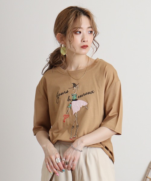 tシャツ BRODIAEA シルケットコットン加工　刺繍Tシャツ レディース tシャツ BRODIAEA シルケットコットン加工 刺繍Tシャツ