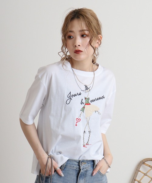 tシャツ BRODIAEA シルケットコットン加工　刺繍Tシャツ レディース セール】BRODIAEA シルケットコットン加工 刺繍Tシャツ（Tシャツ