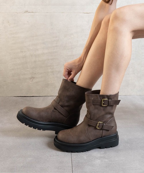 ブーツ ダブルベルトエンジニアショートブーツ レディース : ZOZOTOWN