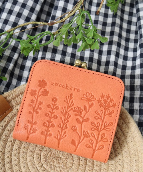二つ折り財布 財布 zucchero 花柄型押しデザインがま口2つ折り財布