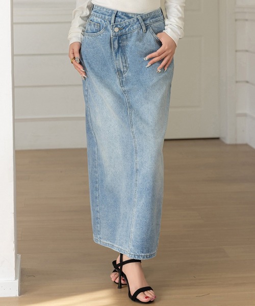 DAY CLOSET デニムスカート 斜めクロスデザインでウエスト綺麗魅せ