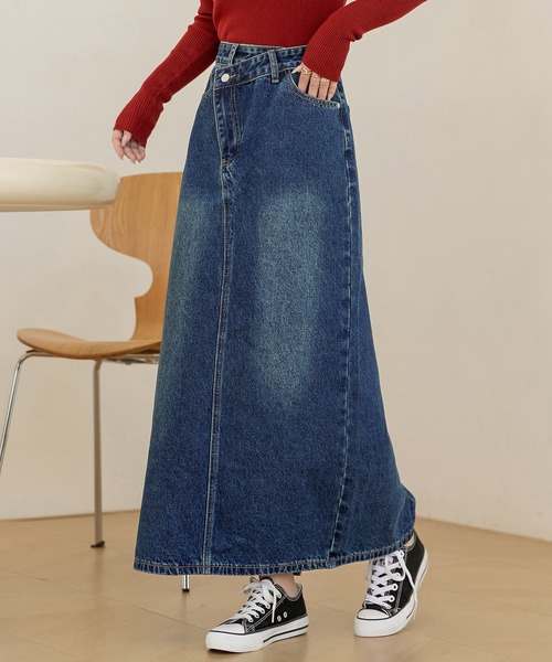 DAY CLOSET デニムスカート 斜めクロスデザインでウエスト綺麗魅せ