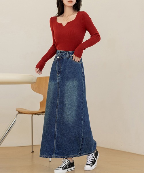 DAY CLOSET デニムスカート 斜めクロスデザインでウエスト綺麗魅せ