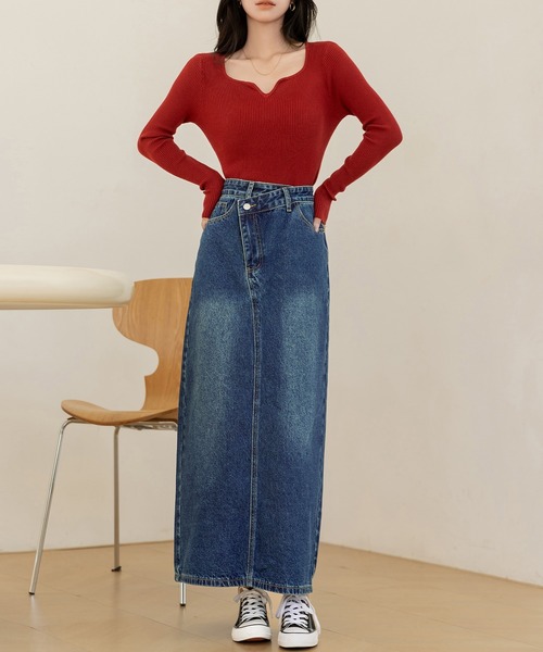 DAY CLOSET デニムスカート 斜めクロスデザインでウエスト綺麗魅せ DAY CLOSET デニムスカート 斜めクロスデザインでウエスト綺麗魅せ