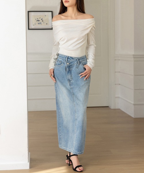 DAY CLOSET デニムスカート 斜めクロスデザインでウエスト綺麗魅せ