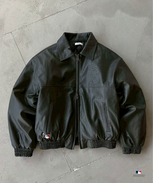 Perushu ブルゾン アウター × MLB パッチワーク刺繍ロゴ合成皮革中綿