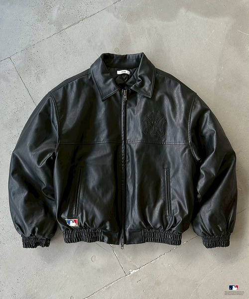 Perushu ブルゾン アウター × MLB パッチワーク刺繍ロゴ合成皮革中綿