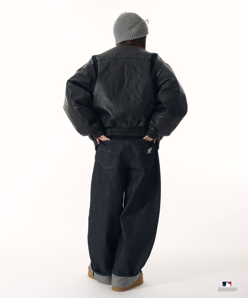 Perushu ブルゾン アウター × MLB パッチワーク刺繍ロゴ合成皮革中綿