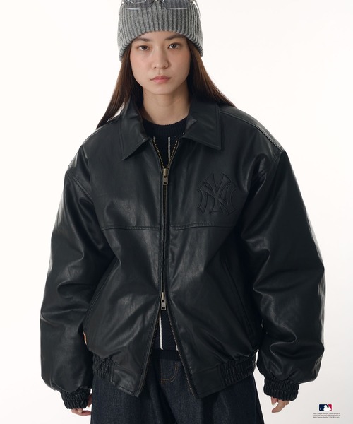 Perushu ブルゾン アウター × MLB パッチワーク刺繍ロゴ合成皮革中綿