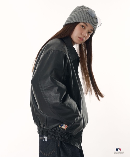 Perushu ブルゾン アウター × MLB パッチワーク刺繍ロゴ合成皮革中綿