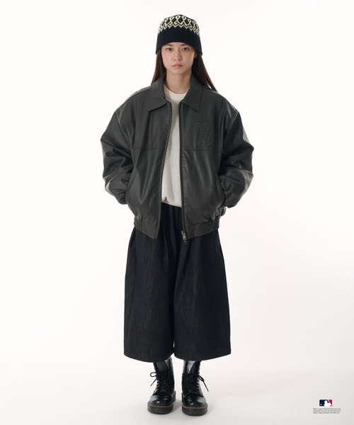 Perushu ブルゾン アウター × MLB パッチワーク刺繍ロゴ合成皮革中綿