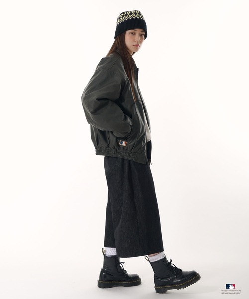 Perushu ブルゾン アウター × MLB パッチワーク刺繍ロゴ合成皮革中綿