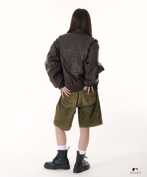 Perushu ブルゾン アウター × MLB パッチワーク刺繍ロゴ合成皮革中綿