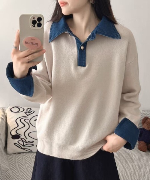 NoBelle ポロシャツ ポロ 異素材切り替え デニムドッキングニット