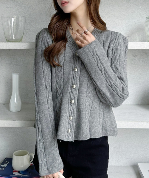 Ada. カーディガン Vネック ケーブル ペプラム ニット カーディガン