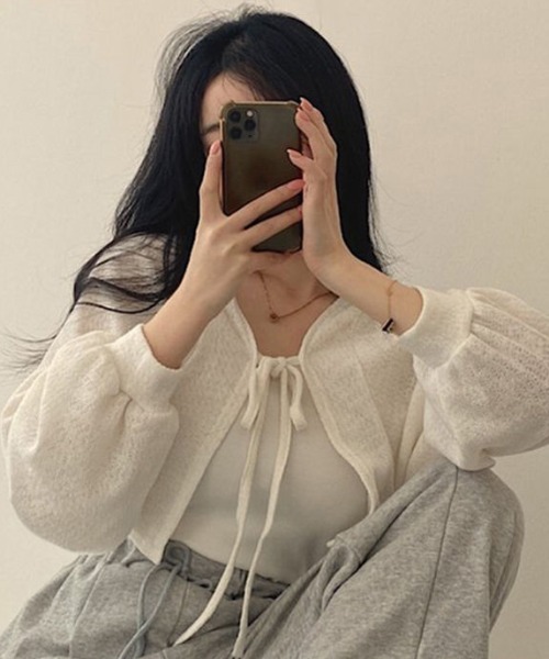 フロントリボンショートカーディガン　24AW カーディガン フロントリボンショートカーディガン 夏服