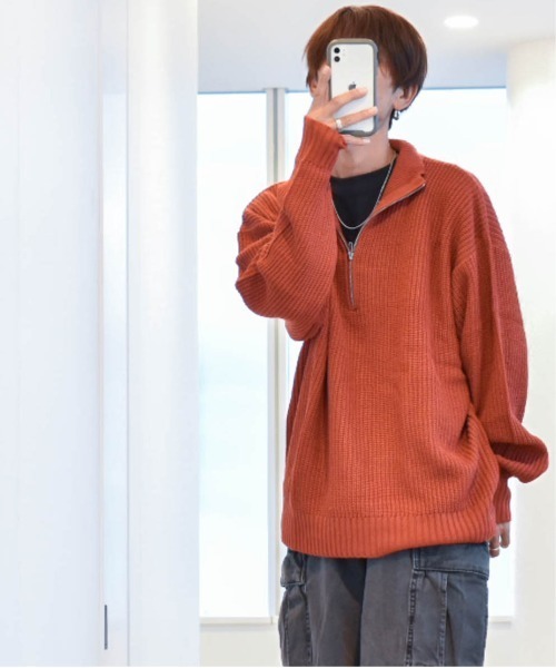 セーター ニット アクリルバルキー畦編みハーフZIPニット レディース