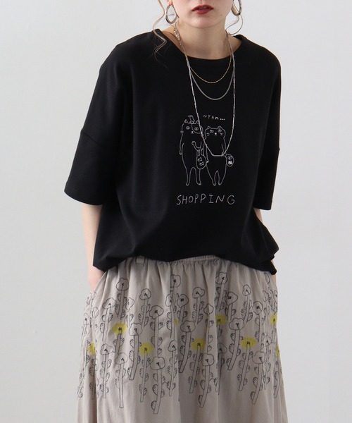 Emago tシャツ EMAGO おかいものねこ刺繍Tシャツ レディース