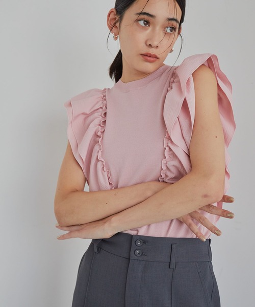 VIS tシャツ 「洗える」異素材ドッキングフリルニットプル