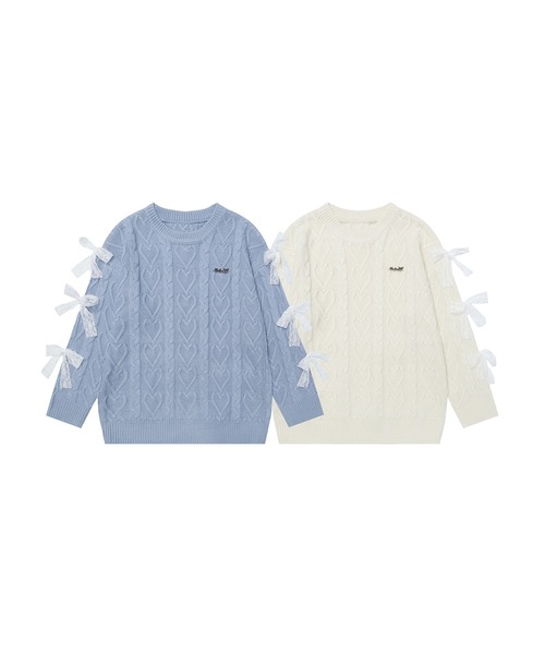【HOOK】for　girls　袖リボンハートケーブル編みニットプルオーバー ニット セーター 「HOOK」for girls 袖リボン付きハートケーブル