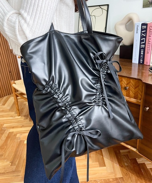 GIRL メニーリボンフェイクレザートートバッグ 黒 GIRL メニーリボンフェイクレザートートバッグ 黒 レディース