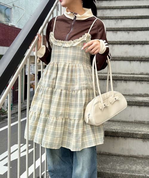 Fit more フリル付きチェック柄チュニック 半袖 - メルカリ