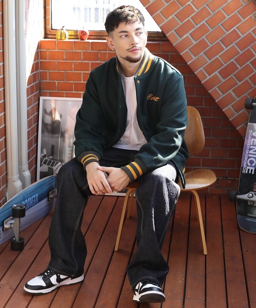 HOUSTON スタジャン ネイビー✖️イエロー サイズX LARGE HOUSTON（ヒューストン） スタジャン メルトンスタジャン メンズ