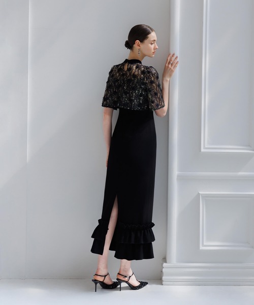 本日価格◆Leja チュールロングスリーブ ドレス 結婚式 ロングワンピース 黒 Leja｜LEJA-チュールロングスリーブリーフIラインワンピース