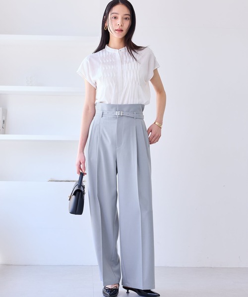 美脚効果 スラックスパンツ ベルトディテール シンプル VIS スラックス パンツ 「新色追加」「防シワ/接触冷感」ベルト