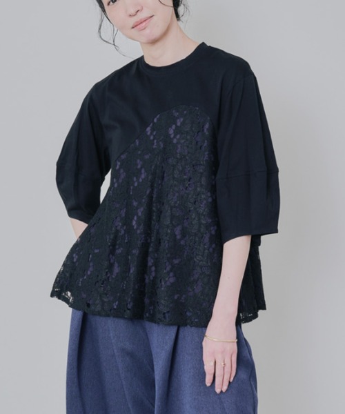 tシャツ バックタイヘムレース切替トップス レディース
