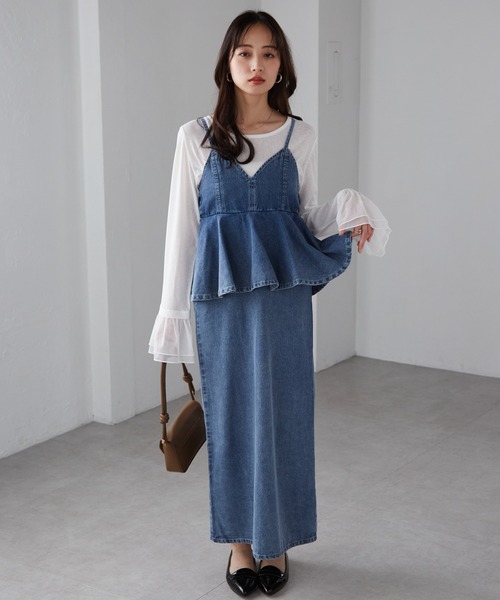 美品(38) PLATINE ペプラムシャンタンワンピース RANAN ワンピース デニムペプラムキャミワンピース : ZOZOTOWN