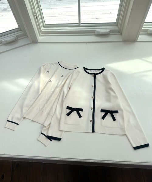 Feroux（フェルゥ） カーディガン バイカラーリボンニット