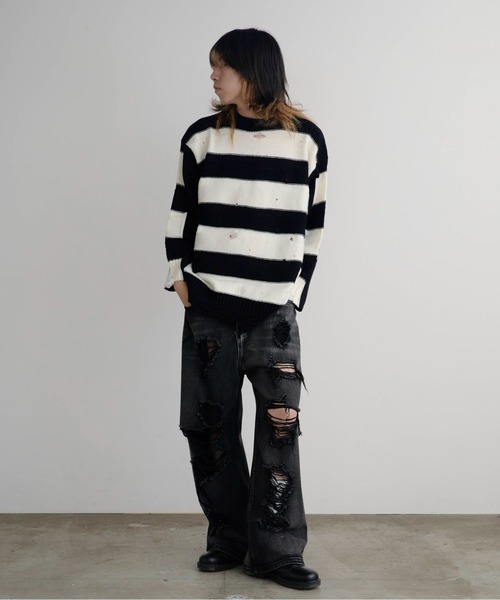 Theater code セーター ニット Damage Border Design Knit/ダメージ
