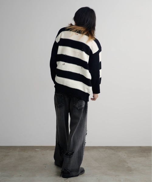 Theater code セーター ニット Damage Border Design Knit/ダメージ
