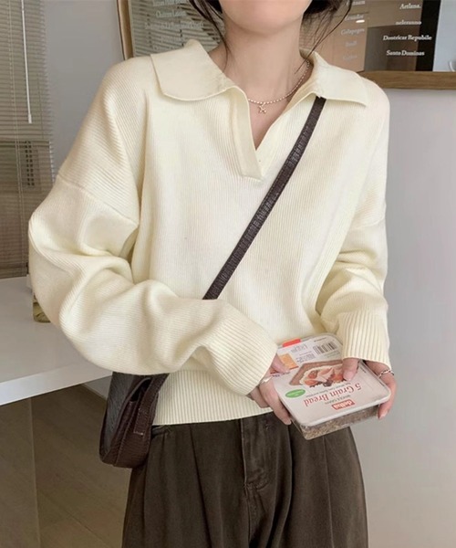 ニット セーター ポロ襟 スキッパーニットプルオーバー レディース