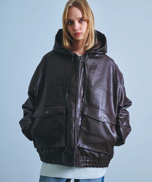 Revo. ブルゾン アウター ヴィンテージライク 合皮レザー A-2型 フード