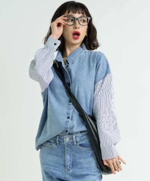 A.D.C.L. ブラウス シャツ ストライプ切替 デニム シャツ レディース