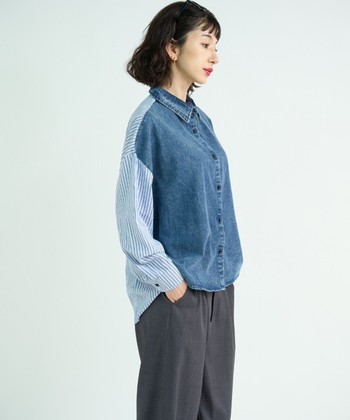 A.D.C.L. ブラウス シャツ ストライプ切替 デニム シャツ レディース