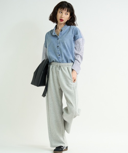 A.D.C.L. ブラウス シャツ ストライプ切替 デニム シャツ レディース