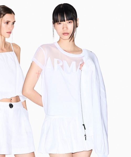 tシャツ 「A|X アルマーニ エクスチェンジ」AXロゴ メッシュ半袖クルーネッククロップドTシャツ/CROPPED レディースの画像