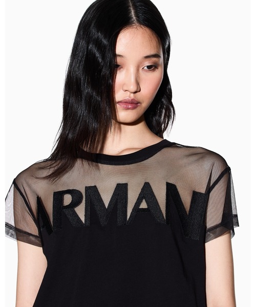 tシャツ 「A|X アルマーニ エクスチェンジ」AXロゴ メッシュ半袖クルーネッククロップドTシャツ/CROPPED レディースの画像