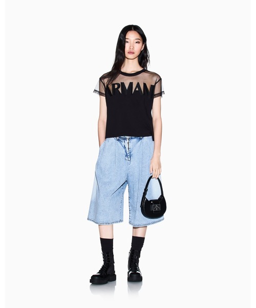 tシャツ 「A|X アルマーニ エクスチェンジ」AXロゴ メッシュ半袖クルーネッククロップドTシャツ/CROPPED レディースの画像