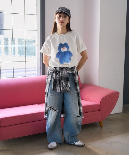 「PUBLUX」 半袖Tシャツ フリ- チャコールグレー レディース_画像5