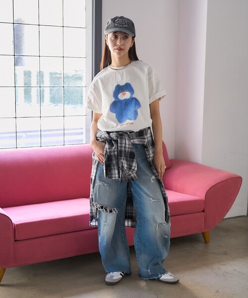 「PUBLUX」 半袖Tシャツ フリ- チャコールグレー レディース_画像8