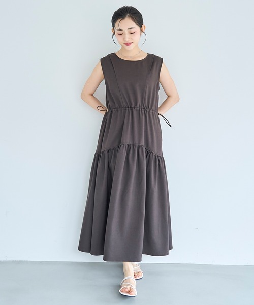 美品✨ ルネ リネン ノースリーブ ワンピース フリル タック 切り替え V mil（ミル） ワンピース 夏 リネンライク ドロスト ノースリーブ